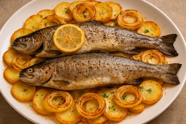 Truchas al horno con patatas y cebolla